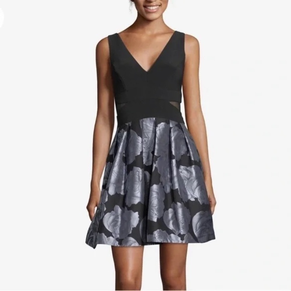 AQUA Black and Silver Floral Dress